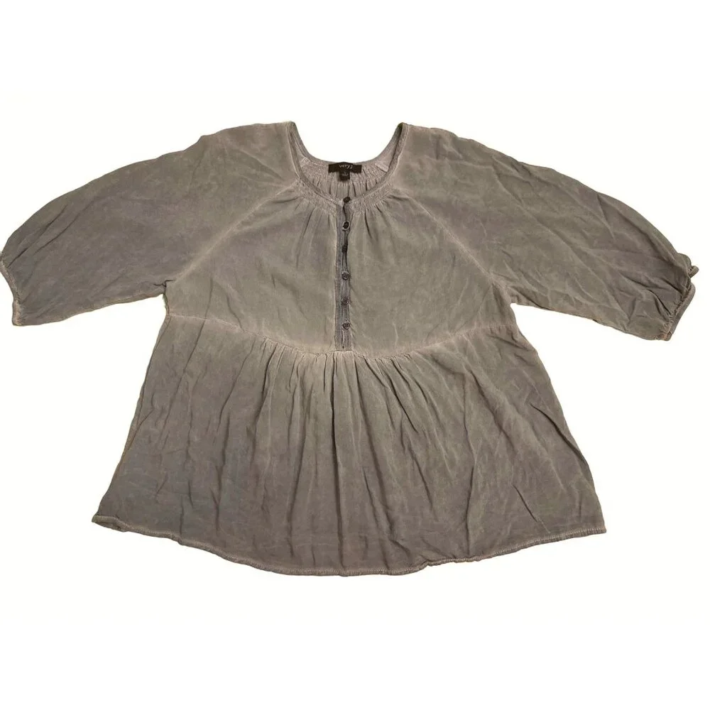 Very J Womens Large Gray Mid Button Down Rayon Blouse Sheer and Sexy - Picture 4 of 8